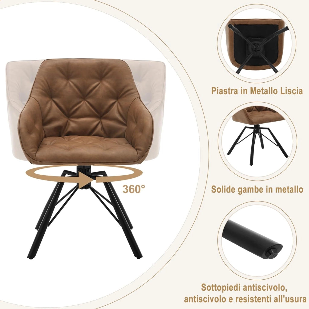 Set di 8 Sedie per Sala da Pranzo Girevoli a 360°, Sedie da Cucina Imbottite con Gambe in Metallo, Poltroncine in PU per Camera da Letto, Soggiorno, Ufficio, Marrone chiaro EZS61hbr-8