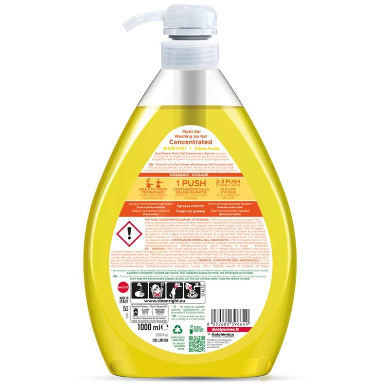 DUAL POWER PIATTI CONCENTRATO GEL AGRUMI SUPER SGRASSANTE + AZIONE ANTIODORE 1LT