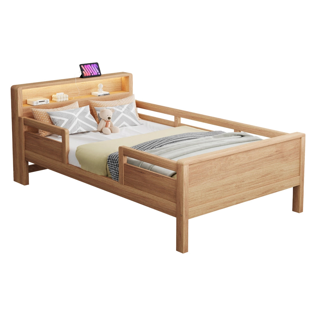 Letto per Bambini 90x200 cm; USB; porta Type-C e LED; Testiera con Mensola; in Legno