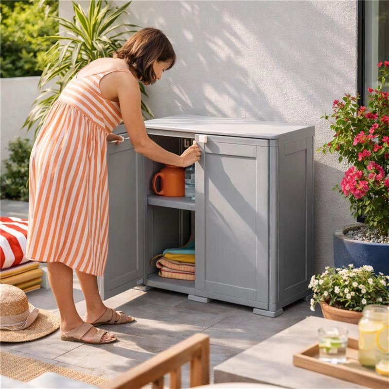 ARMADIO DA ESTERNO COPERTO GRIGIO 2 RIPIANI 79X43X85,5 CM CON MODULO E RIPIANO – MOBILE ORGANIZZATORE COMPATTO