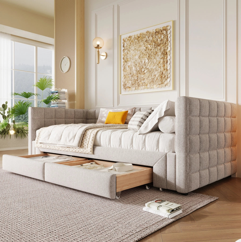 Daybed trasformabile in velluto beige con 2 cassetti 90x200 cm