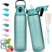 Bottiglia sportiva da 1 litro con cannuccia - inox - con marcatura oraria - bottiglia sportiva da 1 litro in verde scuro con cannuccia