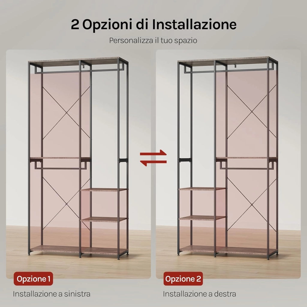 Porta Abiti in MDF e Acciaio, Appendiabiti con Scaffali, Attaccapanni Moderno, Guardaroba Armadio Nero 90x40x204,5 cm