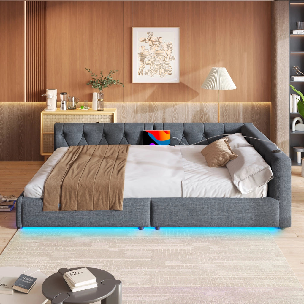 Divano letto con rete a doghe in lino grigio 140x200 cm