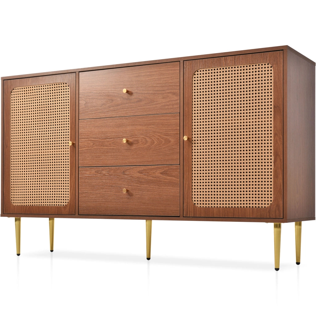קומոդינה con 2 porte e 3 cassetti in effetto noce, ripiani regolabili, H90/B150/T40 cm