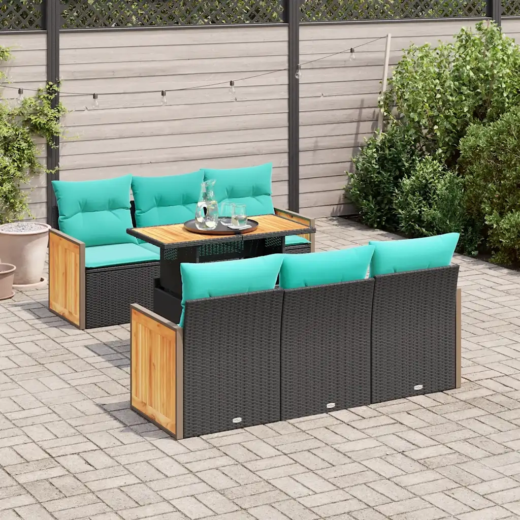 Set Divani da Giardino con Cuscini 7pz Nero Polyrattan Acacia