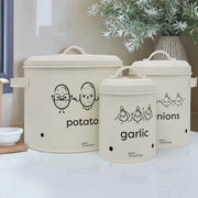 Bocchetto per conservazione di patate, cipolle e aglio in acciaio galvanizzato con coperchio e fori di aerazione, compatto di 22,5 cm per patate, 14 cm per cipolle e 11 cm per aglio.