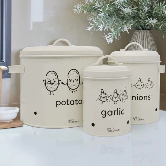 Bocchetto per conservazione di patate, cipolle e aglio in acciaio galvanizzato con coperchio e fori di aerazione, compatto di 22,5 cm per patate, 14 cm per cipolle e 11 cm per aglio.