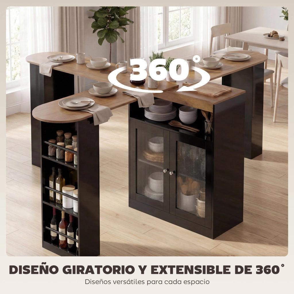 Tavolo da Bar Allungabile e Girevole con Ripiani e 2 Ante in Vetro ¨C Zephmum ¨C 150x80x105,5 cm Nero e Naturale