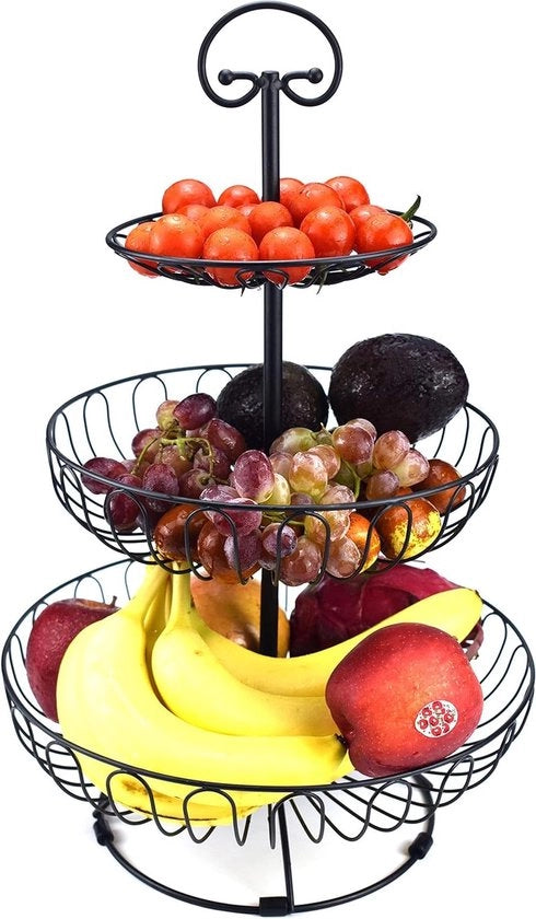 Fruitiera metallica - 3 livelli di supporto per frutta - per torte e snack - nero - 30 x 45 cm
