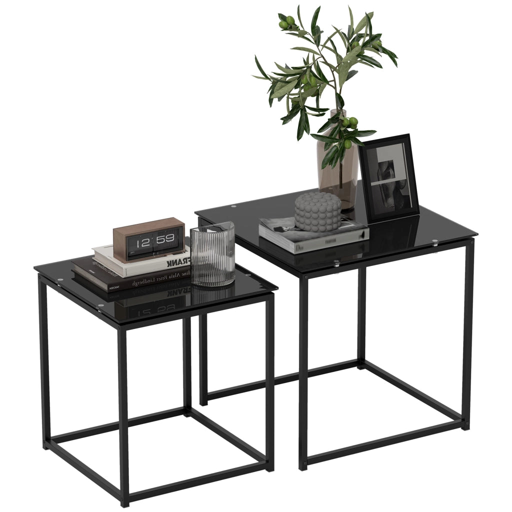 Set 2 Tavolini da Caff¨¨ Impilabili ¨C Xylo ¨C Vetro Temperato Nero Design Moderno