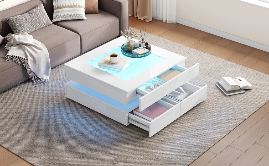 TAVOLINO DA SALOTTO 70 x 70 x 35 cm Bianco lucido con LED e 3 cassetti