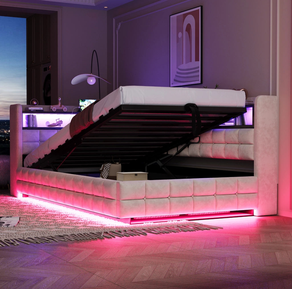 Letto imbottito 90x200 cm beige in velluto con contenitore, LED e prese