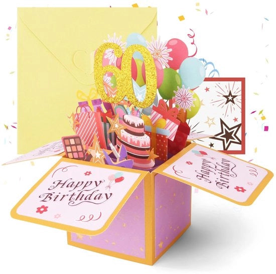 Carta di auguri 3D per il 60° compleanno con effetto pop-up, con involucro, per donna, uomo, bambino (oro rosa)