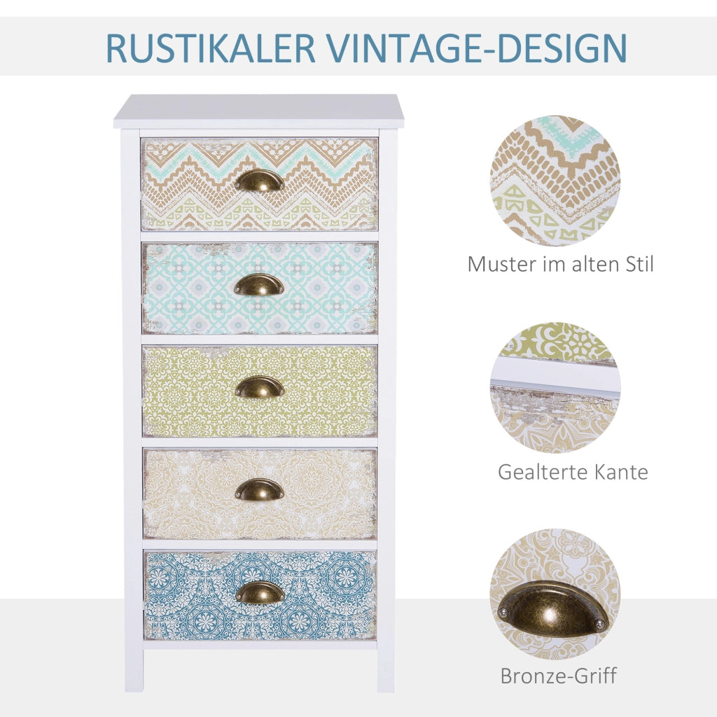 Cassettiera shabby chic multicolore con 5 cassetti, struttura in MDF, portata fino a 50 kg