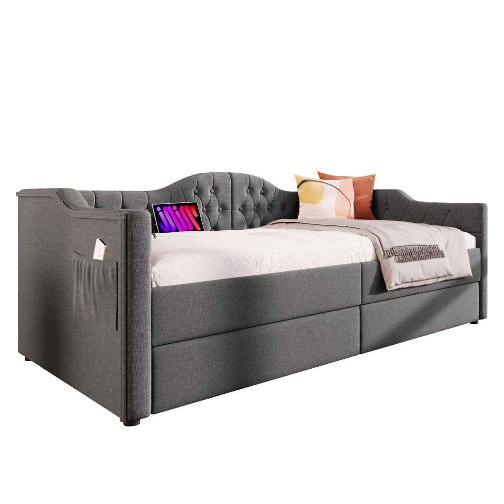 Letto daybed imbottito 90x200 cm in tessuto grigio con 2 cassetti, porta USB e Type-C, senza materasso