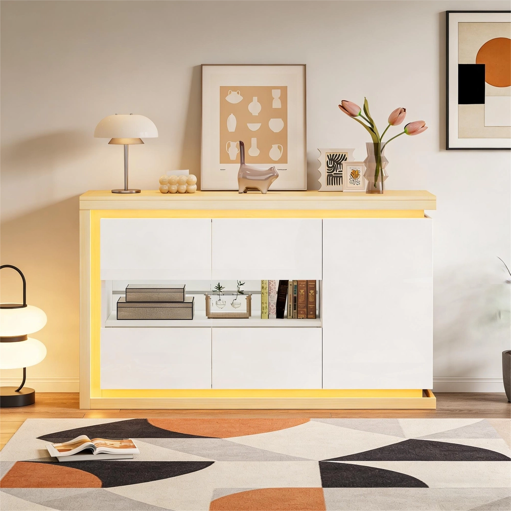 Credenza con LED ¨C MINIMAL ¨C Bianca, Ante in Vetro Temperato, Ripiani, 140x40x84