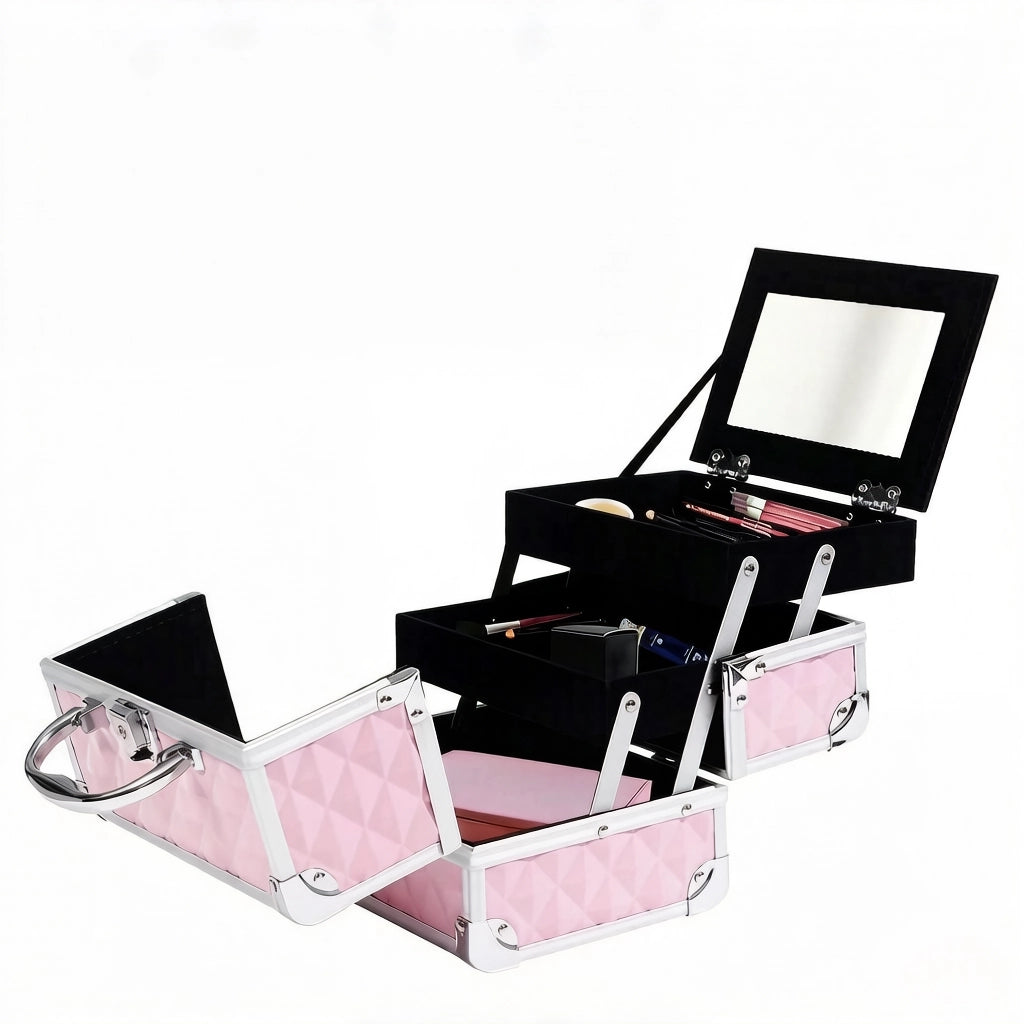 Beauty case trucco con 3 livelli; specchio e lucchetto - per viaggio - 20x15x15 cm - rosa