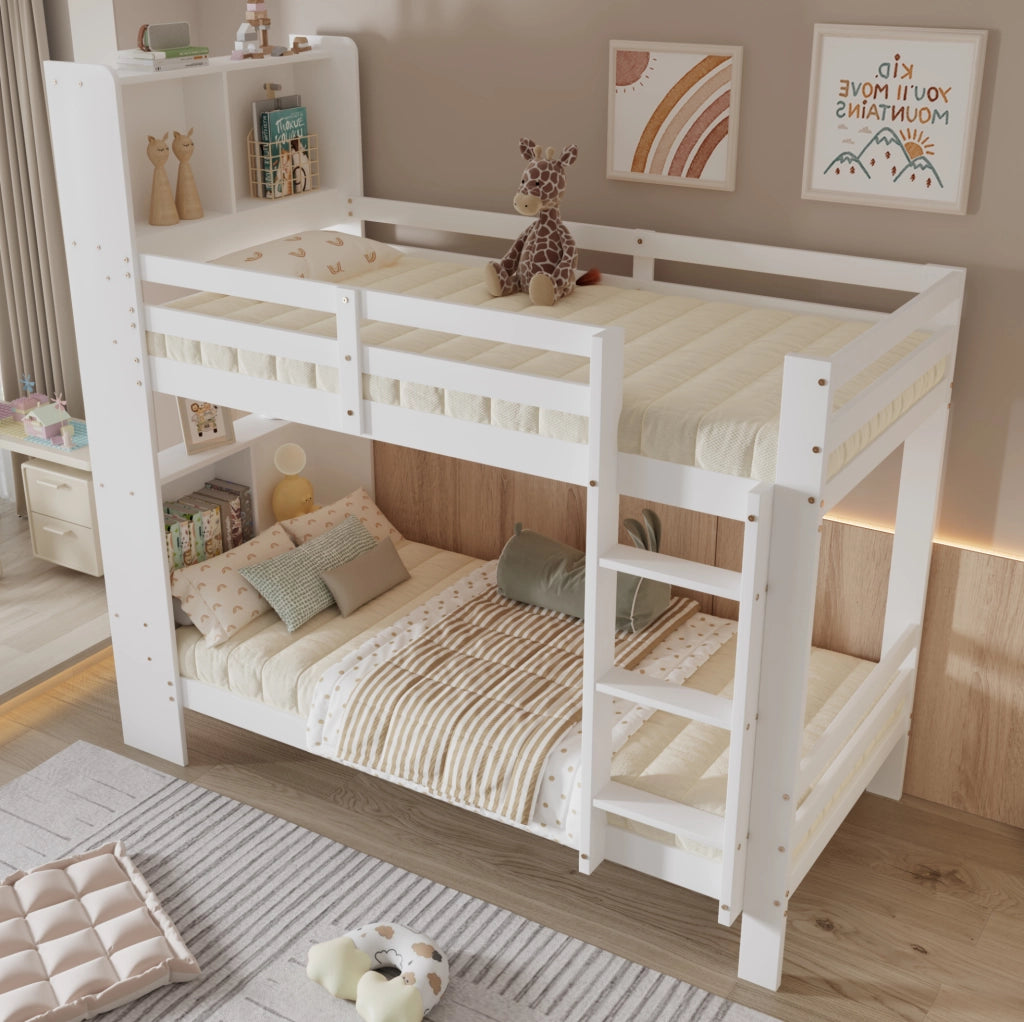 Letto a castello con ripiani e scala angolare a 3 gradini; 90x200 cm; bianco