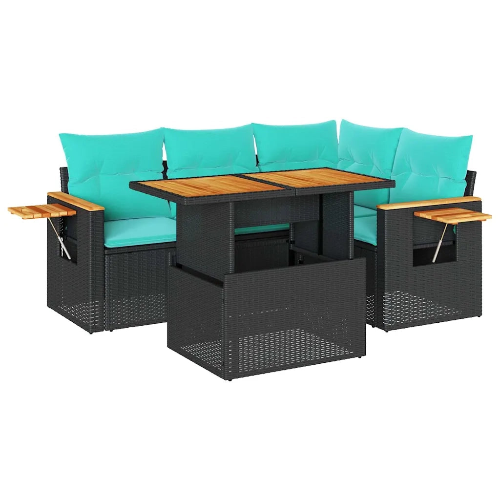 Set Divani da Giardino 5 pz con Cuscini Nero Polyrattan Acacia