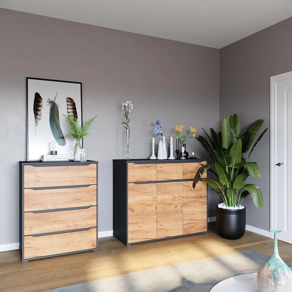 Credenza Ruben, Quercia dorata, 48 x 101.6 cm con cassetti, per riporre abiti e oggetti di uso quotidiano
