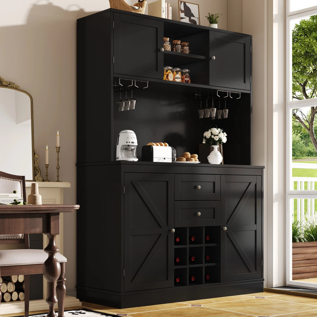 Credenza Cucina Alta con 4 Ante; 2 Cassetti; Ripiani Regolabili e Portabottiglie; in MDF; 120 x 40 x 188 cm; Nero