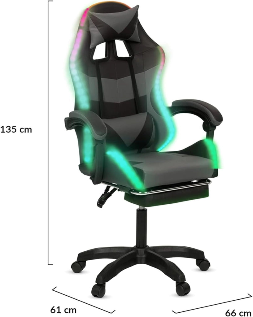Sedia da gioco LUC LED con poggiapiedi, cuscino per la testa e supporto lombare in nero e grigio