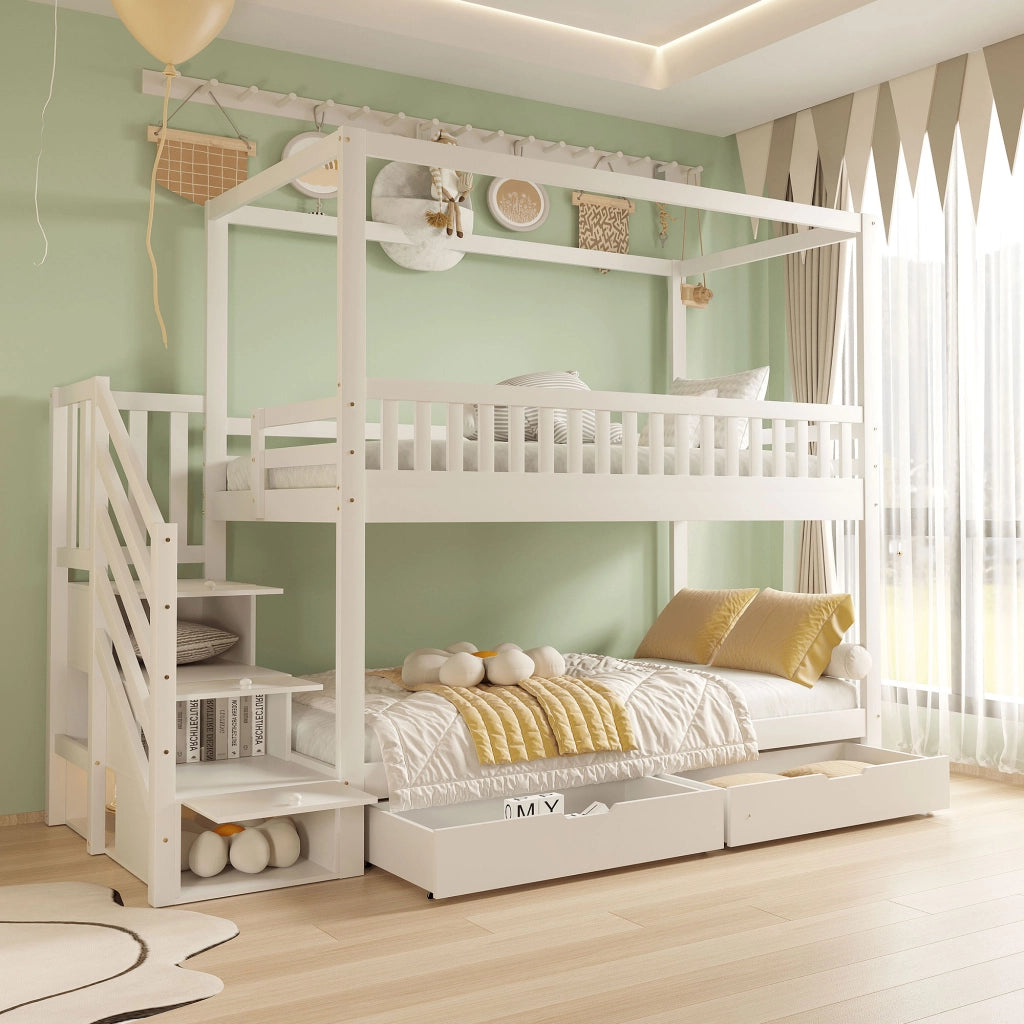 OKWISH Letto a castello 90×200 cm, Letto 2 Posti con Spondine di Sicurezza, Scala con Cassetti e 2 Cassetti, senza Materasso, Bianco