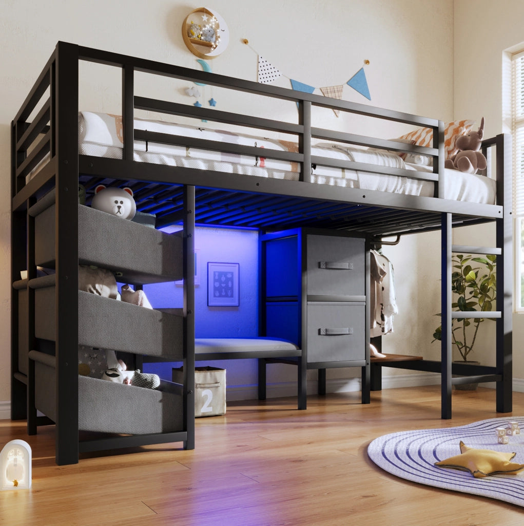 Letto a mezza altezza 90x200 cm in metallo nero con LED, cassetti e tasche
