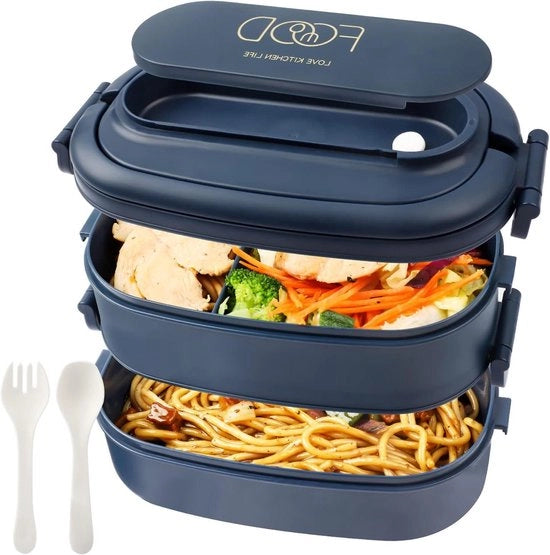 Bento Box 2 Livelli 1550 ml per Adulti - Scatola da Picnic 3 Comparti con Forchetta - Scatola da Pranzo in Plastica BPA Libera per Ufficio e Scuola - (Blu)