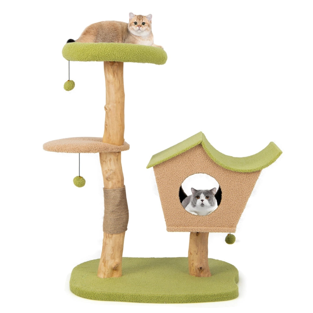 Albero per gatti da 110cm con cuccia imbottita tiragraffi piattaforma di salto, Torre per gatti in legno Verde-Alberi Tiragraffi
