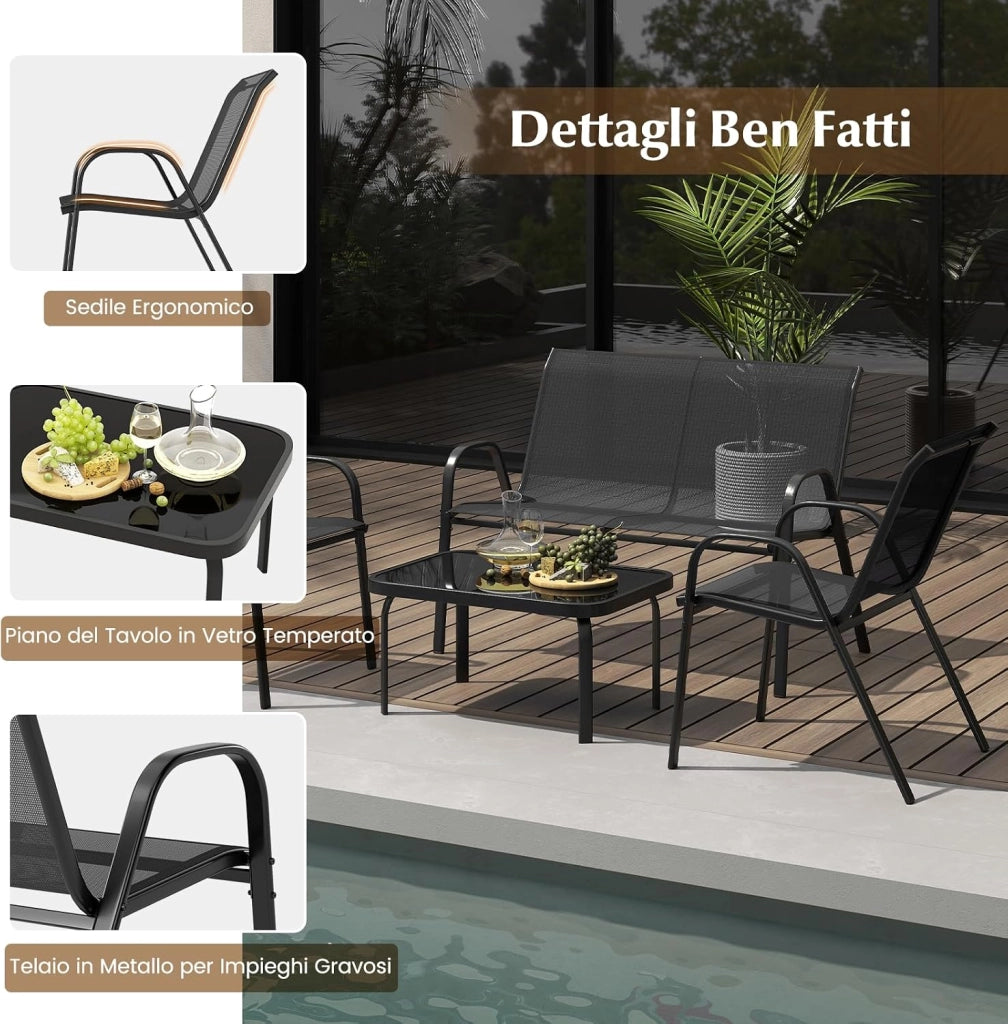 Set Tavolo e Poltrona da Giardino, Set di Mobili 4 Pezzi per Esterno, con Tavolino in Vetro Temperato, Panca e 2 Poltrone, per Giardino Balcone Piscina (Grigio)