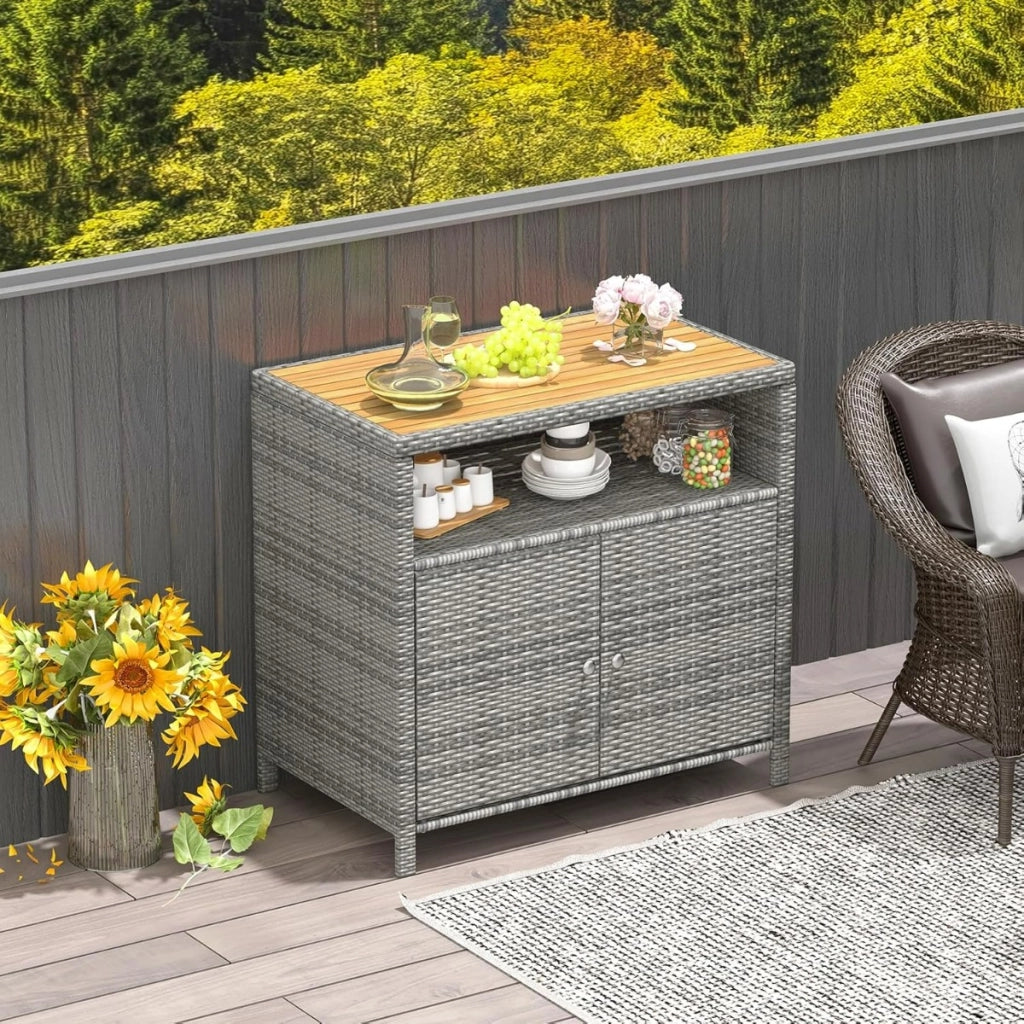 Armadietto portaoggetti in rattan a 2 ante-Buffet Credenza in vimini per piscina e terrazza e patio Grigio