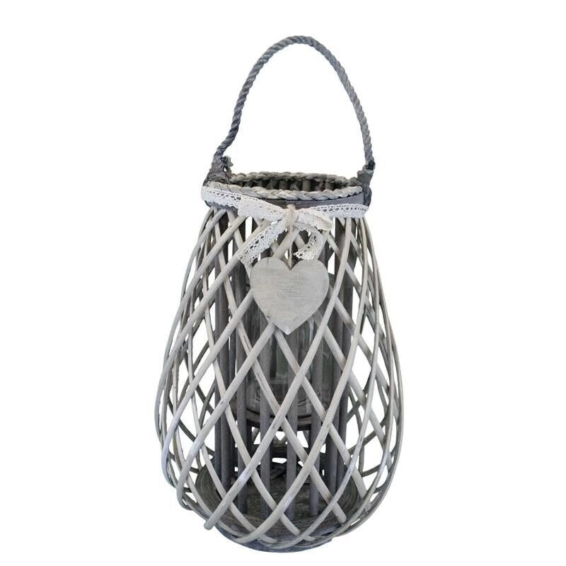LANTERNA EDWIGE REALIZZATA IN VIMINI CON DECORO CUORE GRIGIO