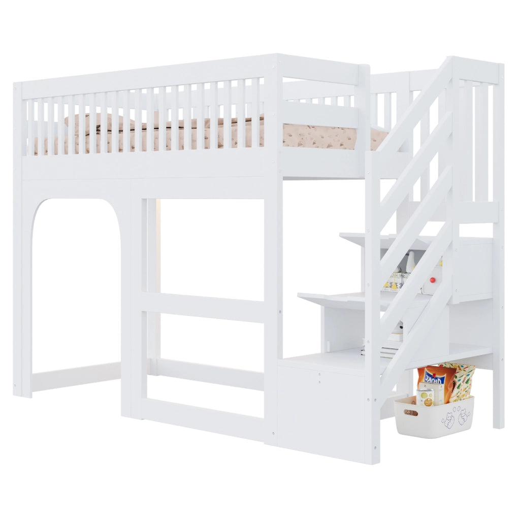 Letto a soppalco per bambini 90x200 cm con scala contenitore e LED