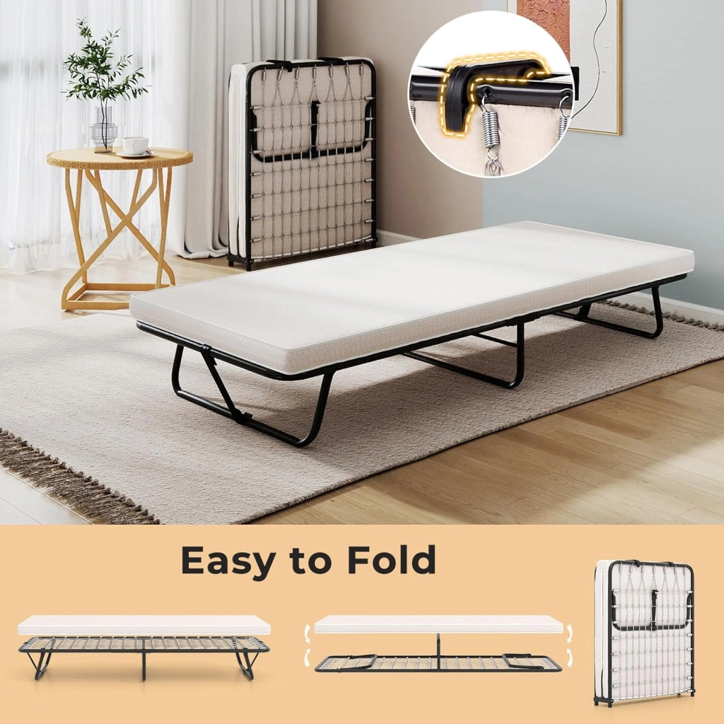 Letto pieghevole 80 x 190 cm, per adulti, pieghevole, letto da viaggio con materasso, letto singolo, pieghevole in metallo, portata fino a 120 kg, letto pieghevole con memory foam