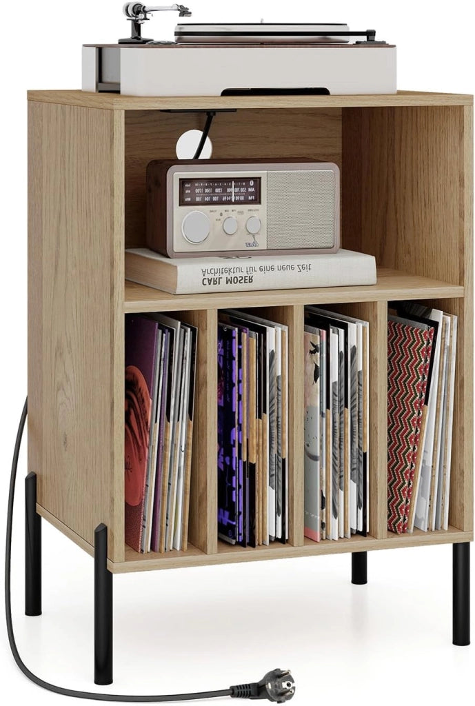 Supporto per Giradischi in Vinil con Stazione di Ricarica, Porta Dischi Vinile Vintege con 5 Scomparti Aperti, Espositore per Dischi Fino a 145 Album per Soggiorno, 53x45x78,5cm (Naturale)