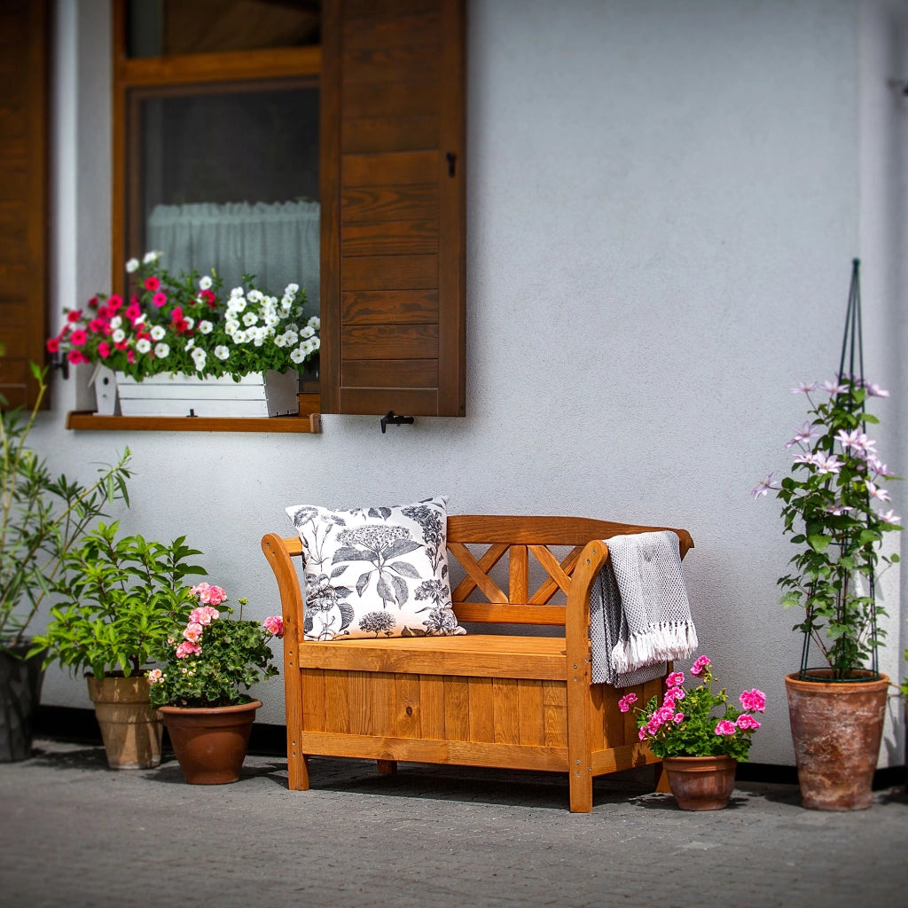 Panchina da giardino in legno KADAX con schienale, 119 cm, per terrazzo, con contenitore in rovere
