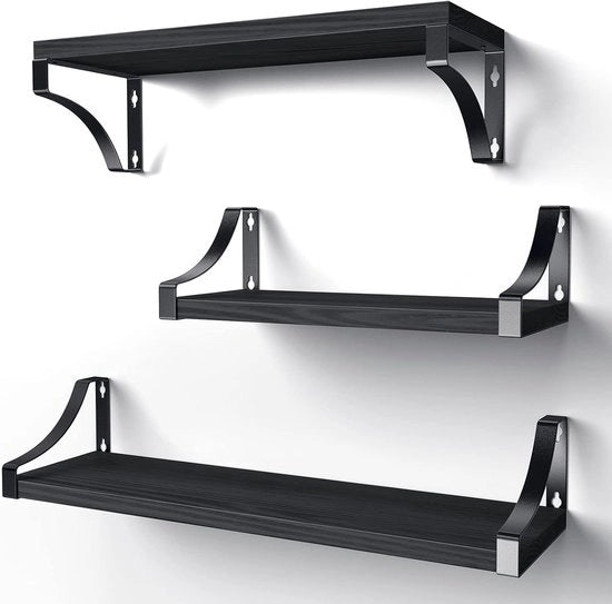3 pannelli di parete in legno e metallo - pannelli di parete per archiviazione - filo di metallo rustico - per soggiorno - camera da letto - ufficio - bagno o cucina (nero)