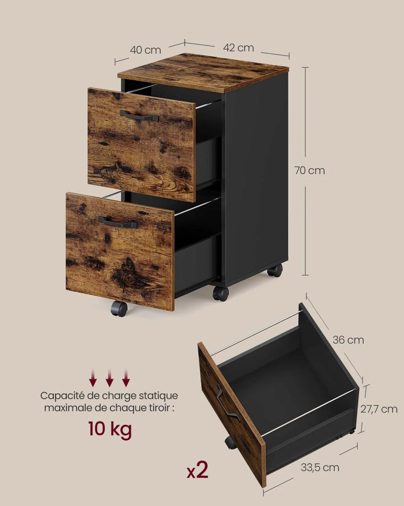 Mobiletto da ufficio con 2 cassetti su ruote 40 x 42 x 70 cm per documenti A4 e cartelle sospese stile industriale marrone 12_0004788