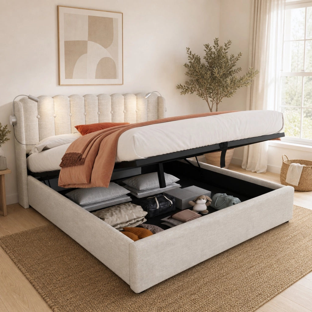 LETTO Contenitore 140x200 cm in lino naturale con luce lettura e USB