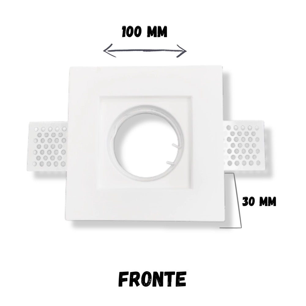 Portafaretto ad incasso quadrato bianco in gesso 100x100x30 mm per GU10 e GU5.3 a led