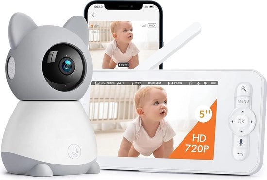 Fonino Pro - 5 pollici display a colori con camera 3MP a rotazione - Fonino con camera e app - Visibilità notturna infrarossa - Altoparlanti bidirezionali - Allarme temperatura e rumore - Modalità Nursery Smart