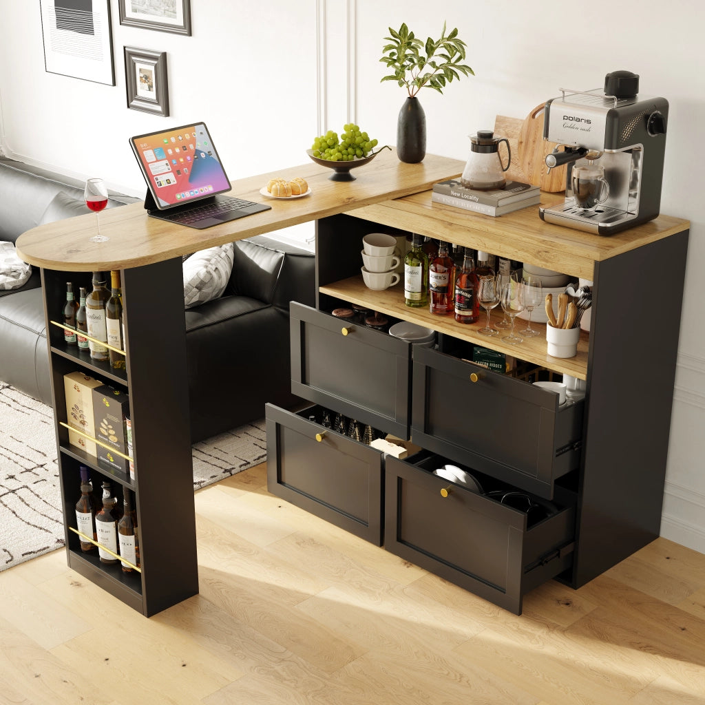 OKWISH Mobile Contenitore con 4 Cassetti e Ripiani Aperti Girevoli a 360 Gradi, per Studio e Soggiorno, MDF, Nero