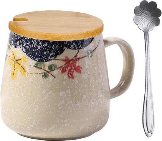 Ceramica a mano decorata con coperchio e cucchiaio - 400ml Moka per cappuccino e colazione
