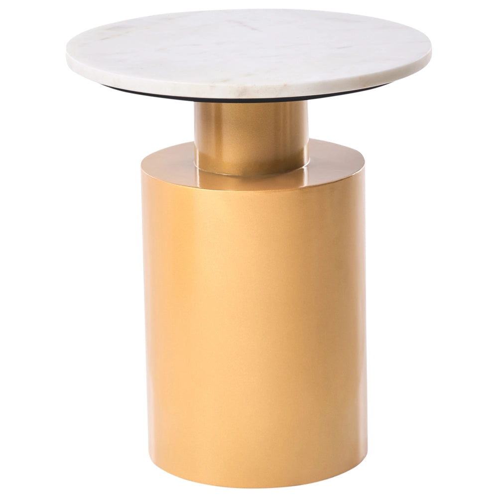 Tavolino moderno rotondo forma geometrica piano in pietra base in metallo bianco e oro soggiorno elegante