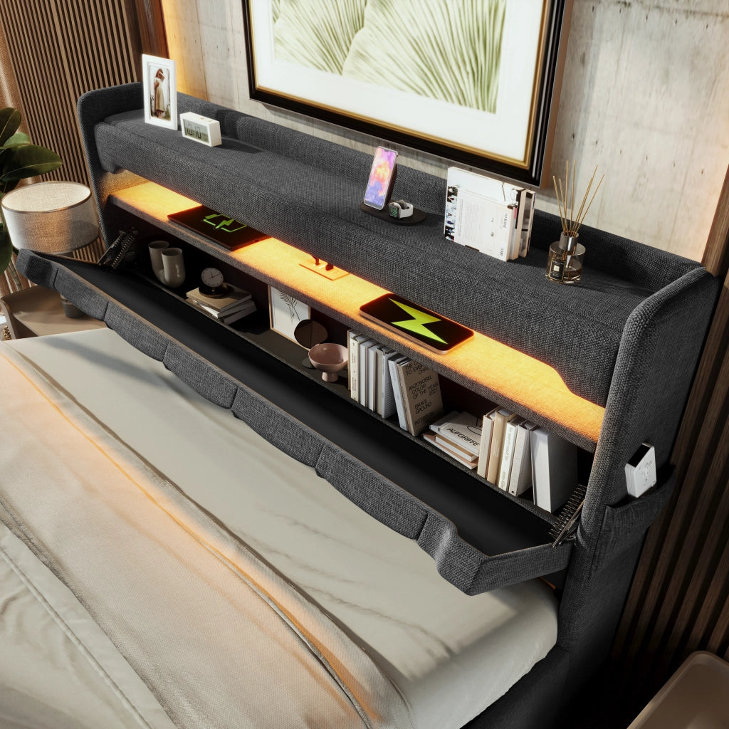 OKWISH Letto Contenitore 180×200 cm, Letto Matrimoniale con USB, Tipo C, LED Regolabile e Testiera con Contenitore, senza Materasso, Lino, Grigio