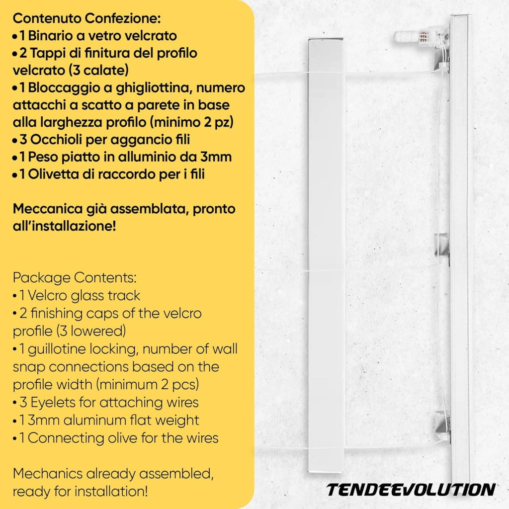 Bastone Binario per Tenda A Pacchetto A Vetro Professionale a 2 Calate in Alluminio Bianco Lunghezza 70 CM Comando a sinistra, attacco soffitto