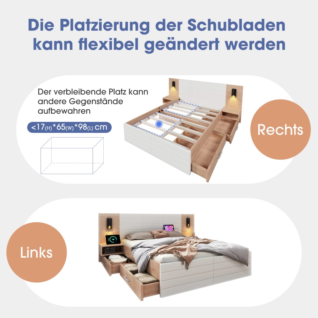 Letto matrimoniale 180x200 cm con LED lettura USB e cassetti