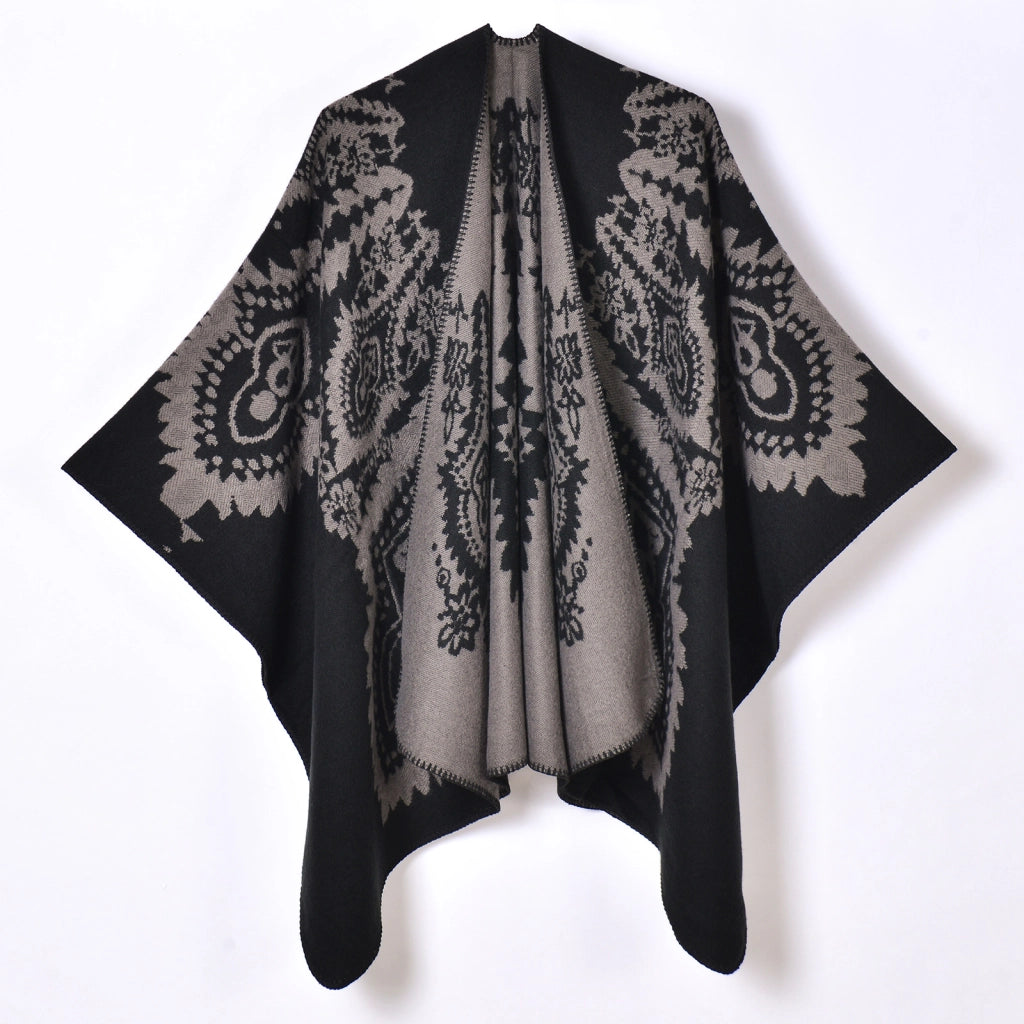 Poncho/scialle da donna caldo e accogliente con jacquard a motivo retr¨°, spesso e diviso.